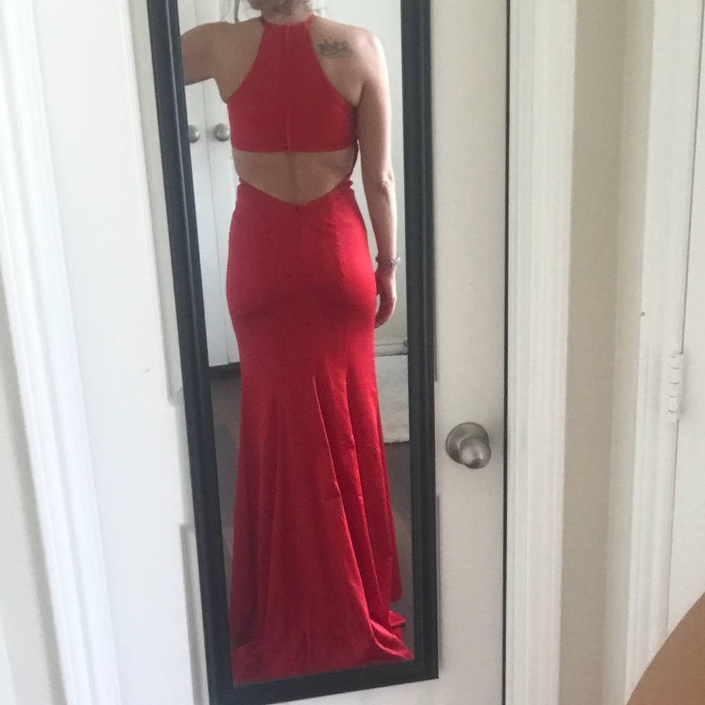 SOLD! Red high neck open back Sherri Hill gown - Picture 6 of 8